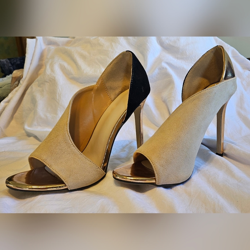 Women's Color-Block Stilettos - Metallic Gold Heels / Open Toes 8 / 41
